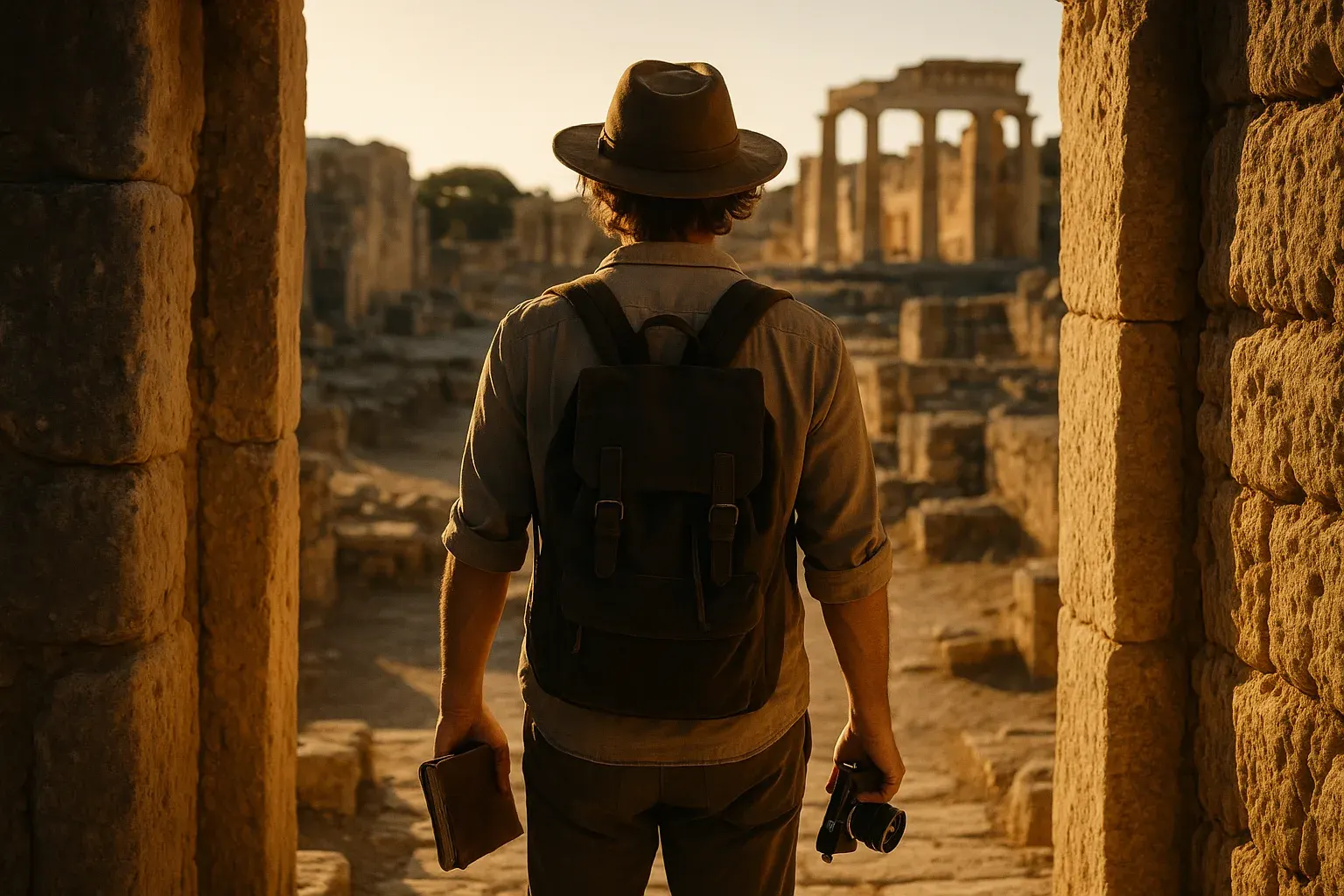 Traveller at ancient ruins, editorial photograph