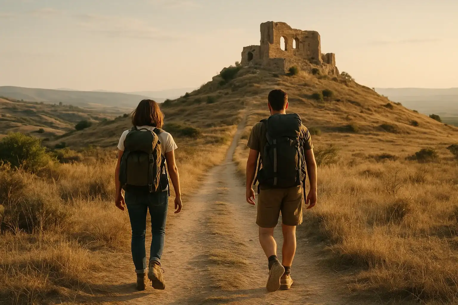 Budget travellers approaching ancient ruins