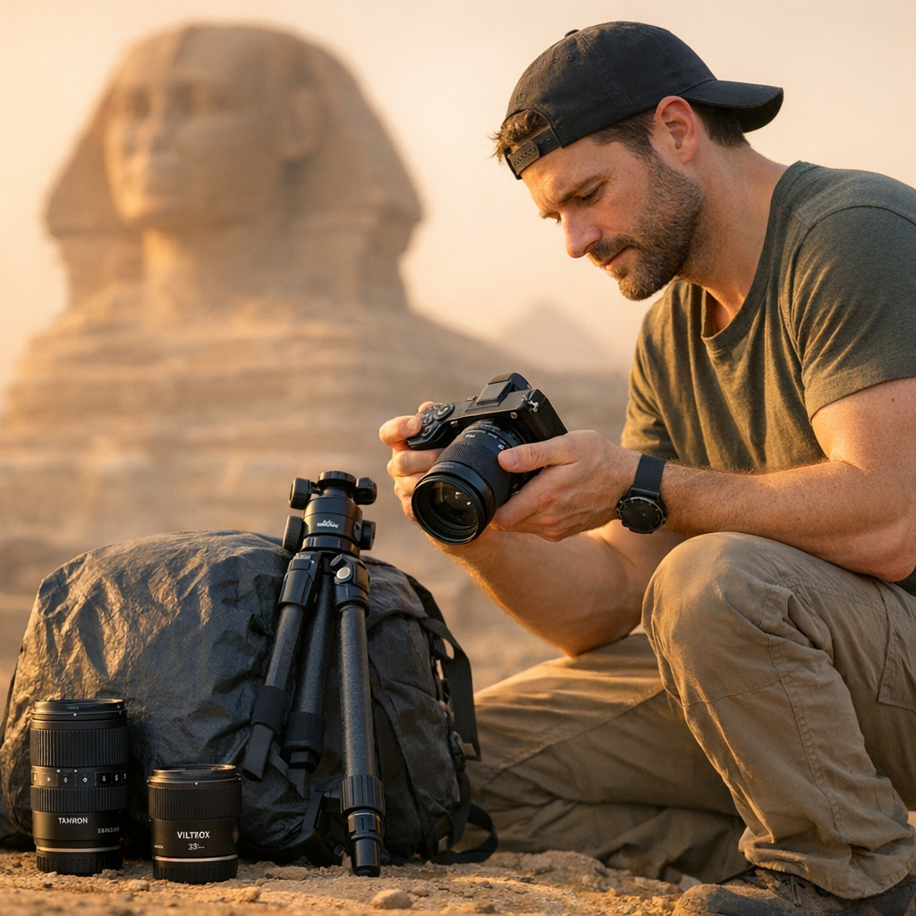 Photographer with camera rig overlooking ancient ruins at golden hour