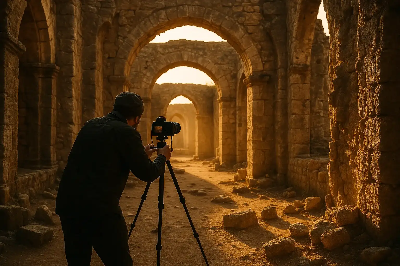 Photographer at ancient ruins at golden hour