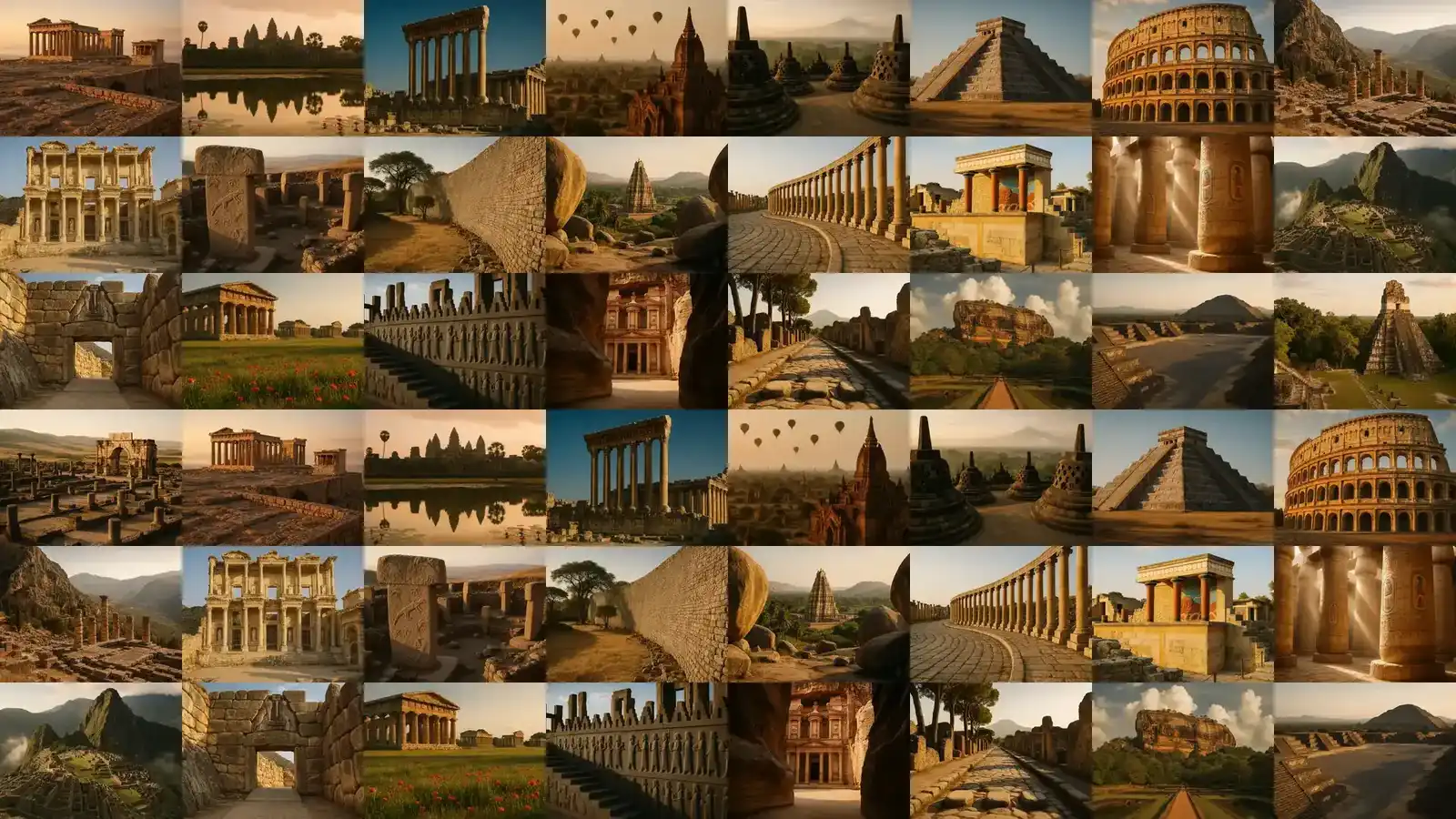 Mosaic of ancient destinations including Petra, Angkor Wat, Machu Picchu, and the Colosseum
