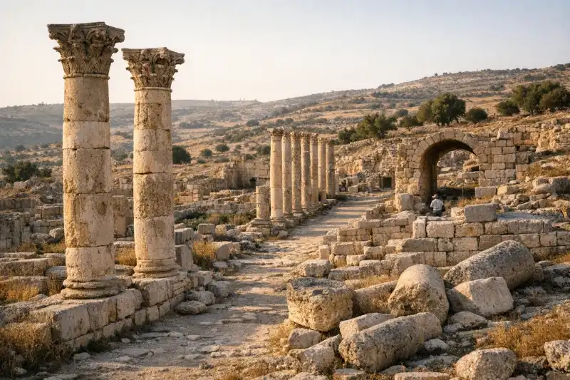 Ruins of ancient Abila in northern Jordan set among green hills and archaeological remains