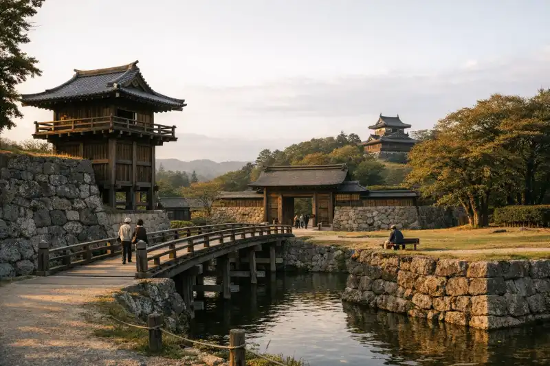 View of Akita Castle Site ruins in Akita Prefecture, Japan with reconstructed gate