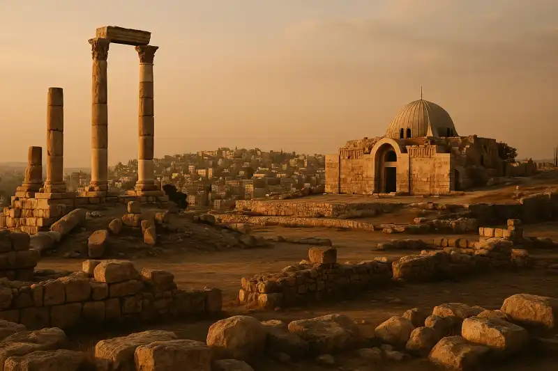 Temple of Hercules columns and the Hand of Hercules at Amman Citadel, Jordan