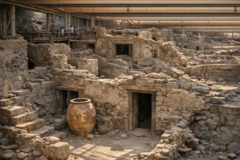 Panoramic view of the ancient ruins of Akrotiri on Santorini, Greece, with volcanic landscape