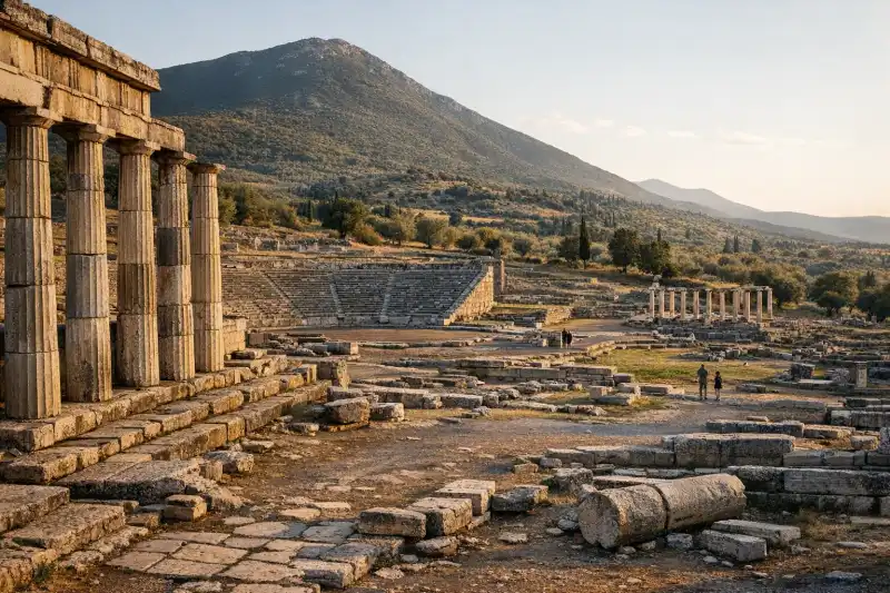 Stadium, theater, and stone ruins at Ancient Messene in the Peloponnese