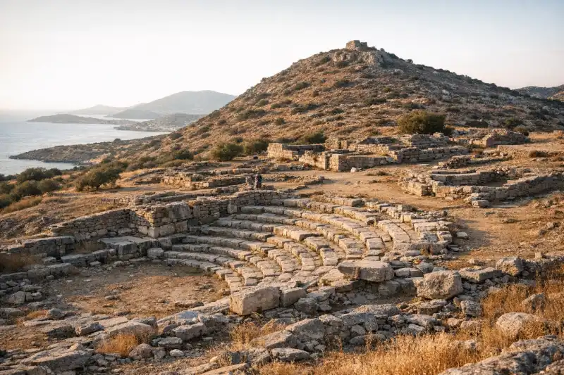 Ancient Thorikos archaeological site in Greece with the hillside theater and coastal landscape of Attica