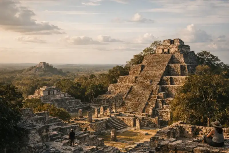 Calakmul Maya pyramids rising above the Campeche forest in Mexico