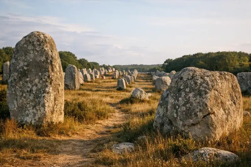 A panoramic view of the Carnac Stones megalithic alignment in Brittany, France