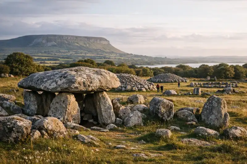 Stone tomb remains at Carrowmore Megalithic Cemetery in Ireland under open skies