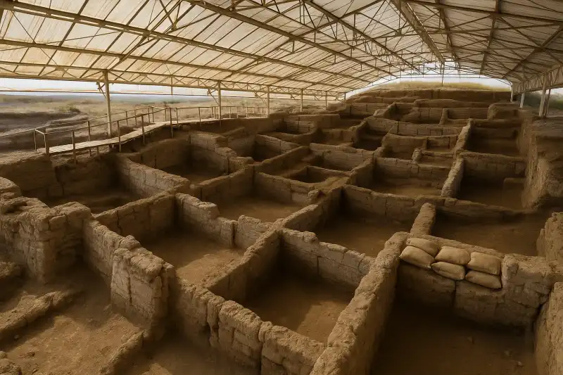 Excavated mudbrick houses under protective shelter at Çatalhöyük, Turkey
