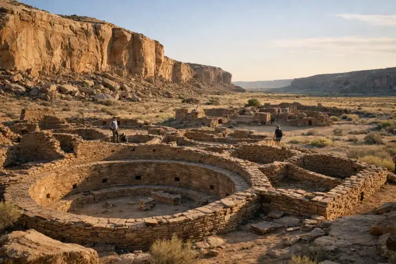 Ancient stone great house ruins at Chaco Canyon in the United States beneath a wide desert sky
