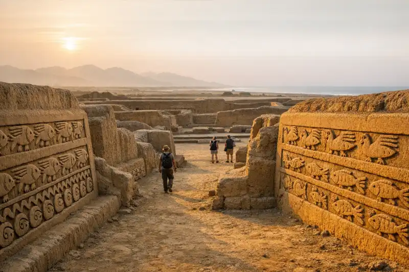 Adobe walls and carved reliefs at Chan Chan near Trujillo, Peru