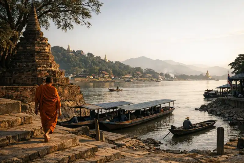 Ancient walls and riverside landscape of Chiang Saen in Thailand