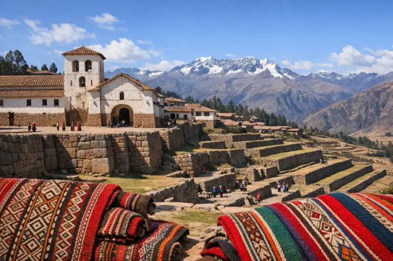 Inca terraces and colonial church setting at Chinchero in Peru
