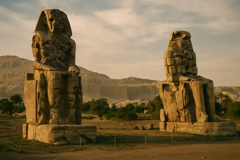 The twin Colossi of Memnon standing against a golden sunrise sky on the West Bank of Luxor, Egypt