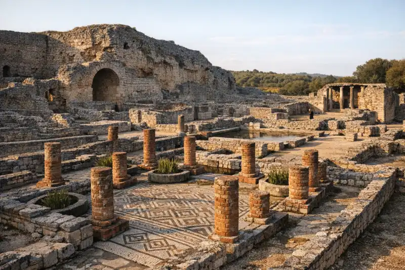 Roman ruins, mosaics, and ancient walls at Conimbriga in Portugal