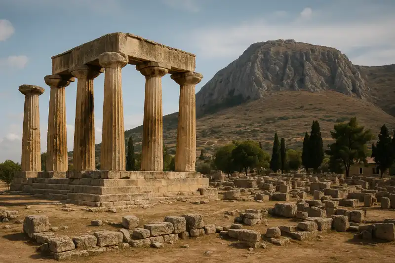 Ancient Corinth ruins with temple columns and mountain backdrop in Greece