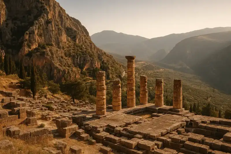The sanctuary terraces and mountain landscape at Delphi in Greece