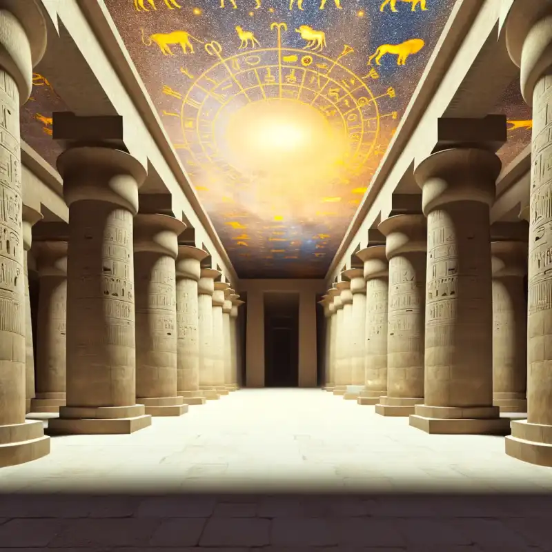 Temple of Hathor at Dendera, Egypt, with illuminated columns and zodiac ceiling visible