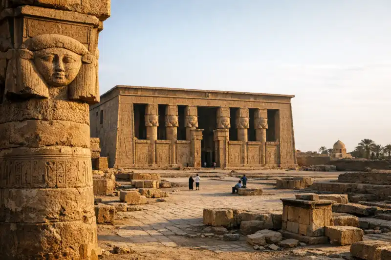 Panoramic view of the Dendera Temple Complex in Egypt, showing the intricately decorated Temple of Hathor