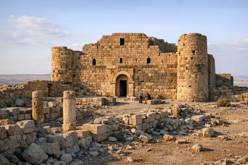 Stone walls and courtyard of Desert Castles (Qasr al-Hallabat) in Jordan under a clear desert sky