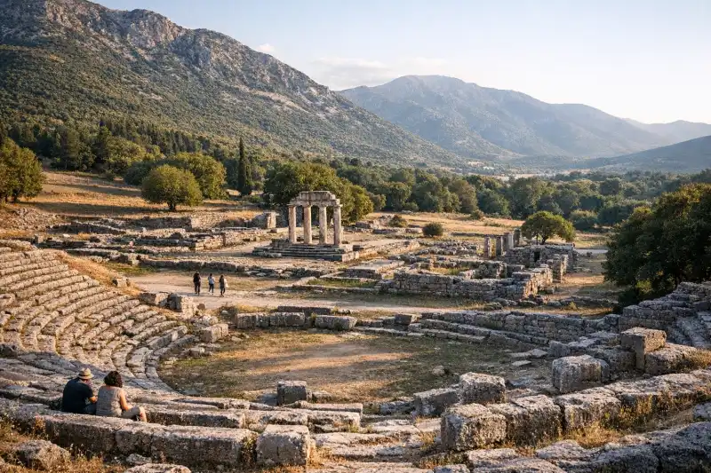Ancient theater and sanctuary ruins at Dodona in Greece beneath the mountains of Epirus