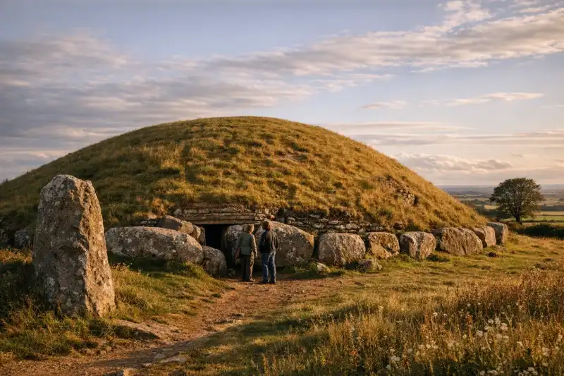 Dowth passage tomb in County Meath, Ireland, rising above the Boyne Valley under open skies