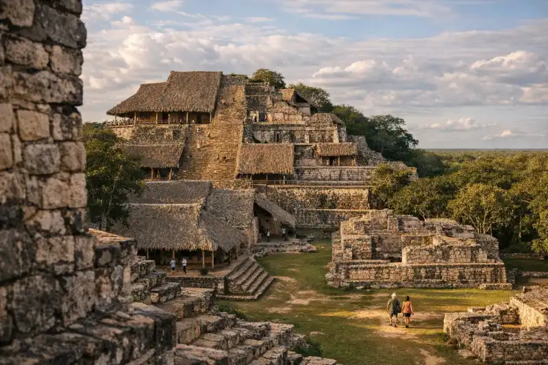 Acropolis ruins and carved stucco details at Ek Balam in Yucatán