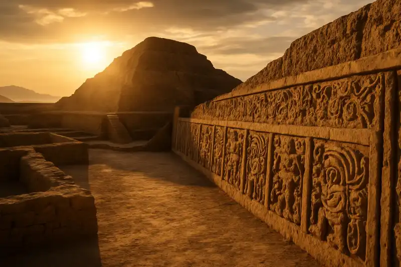 Moche pyramid and desert landscape at El Brujo Complex in northern Peru