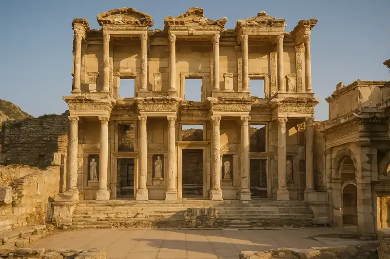 The Library of Celsus and marble street at Ephesus in Turkey