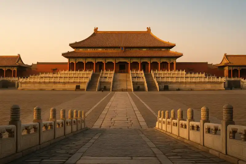 The red walls and golden roofs of the Forbidden City in Beijing, China