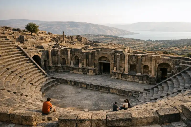 Ancient black-basalt seating of Gadara Theater (Umm Qais) in northern Jordan overlooking the Jordan Valley
