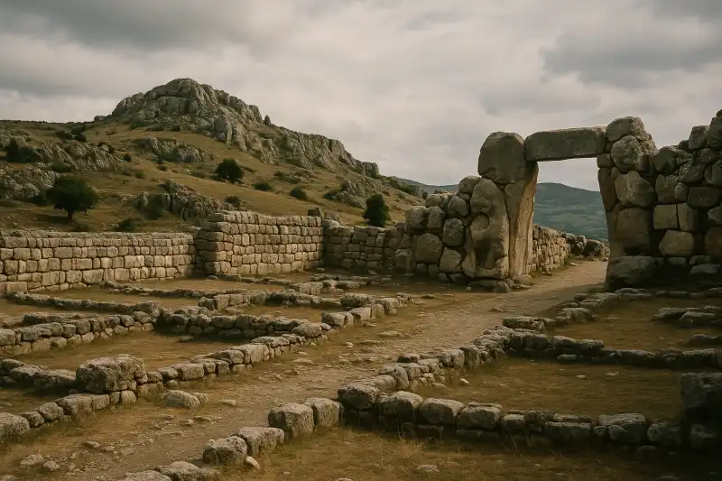 Stone fortification walls and gate sculptures at Hattusa, Turkey