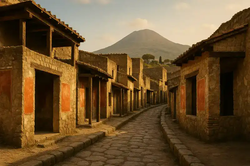 Ancient street in Herculaneum with preserved Roman buildings and frescoes, Italy