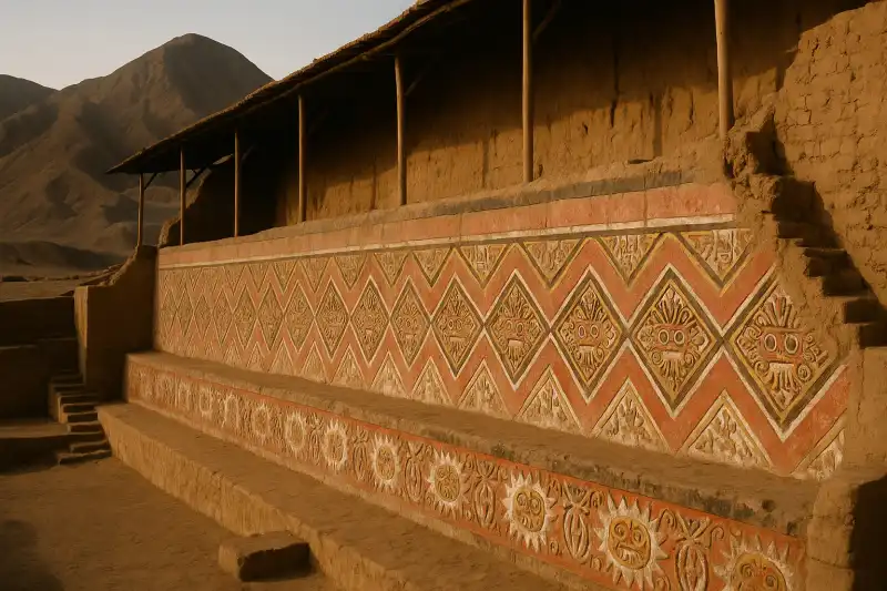 Painted Moche temple walls at Huaca de la Luna near Trujillo in Peru