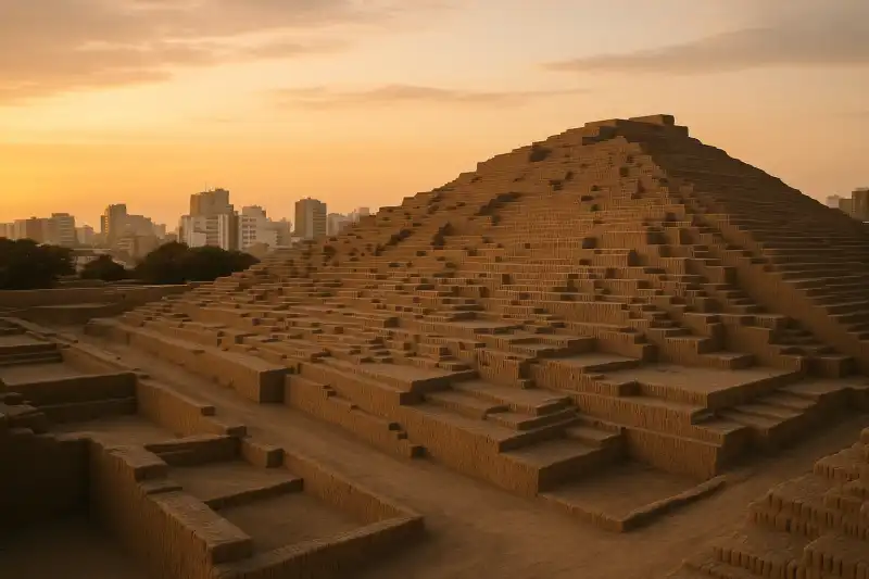 Adobe pyramid remains at Huaca Pucllana in Lima, Peru