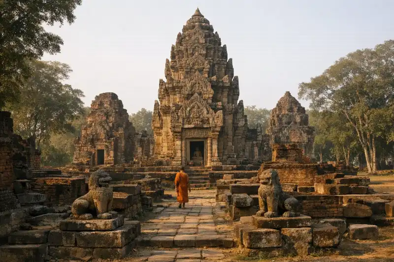 Ancient brick and laterite remains at Ku Kaew Chaiyaram in Thailand