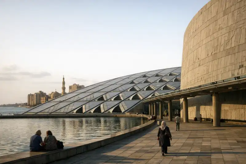 Ancient ruins and imagined reconstruction of the Library of Alexandria, Egypt