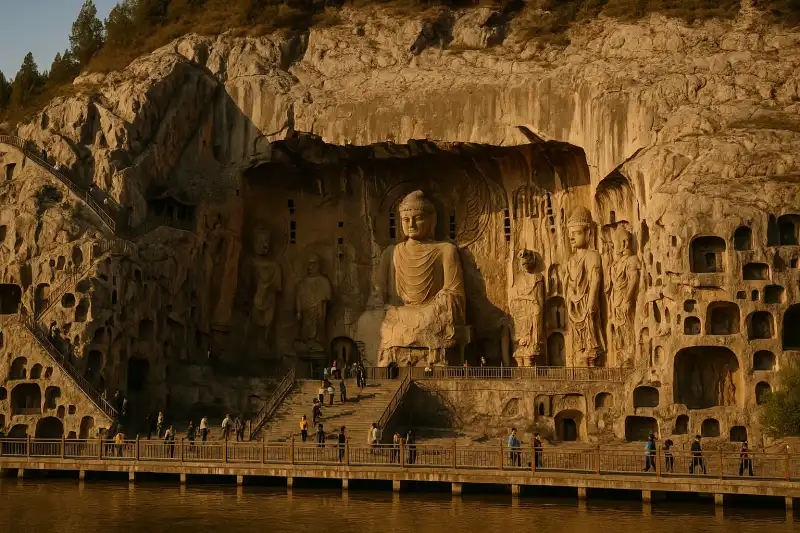 The Longmen Grottoes carved into limestone cliffs beside the Yi River near Luoyang, China
