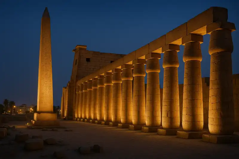 Illuminated Luxor Temple at night with colossal statues and columns, Egypt