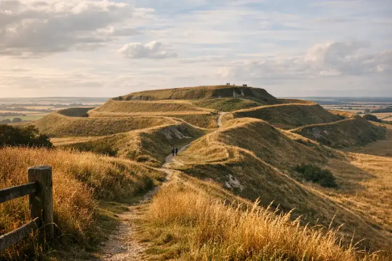 Earthworks and ramparts of Maiden Castle in the United Kingdom under open countryside skies