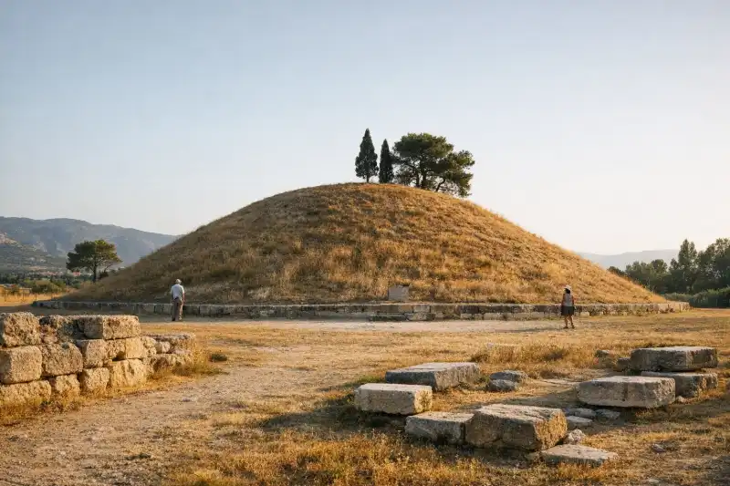 The Marathon Tomb memorial mound on the plain of Marathon in Greece