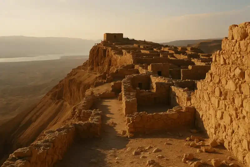 Aerial view of Masada fortress plateau rising above the Judean Desert in Israel with the Dead Sea visible in the distance