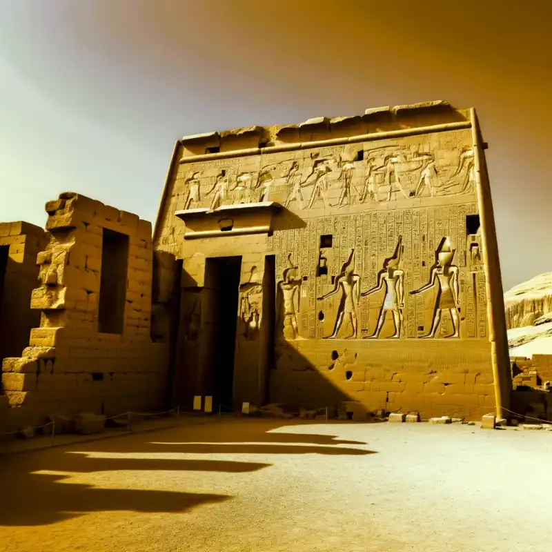 Medinet Habu temple pylon and walls with dramatic relief carvings of Ramesses III, Luxor Egypt