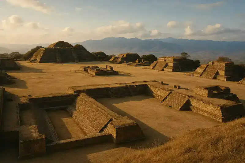 Monte Alban ruins on a hilltop above Oaxaca, Mexico