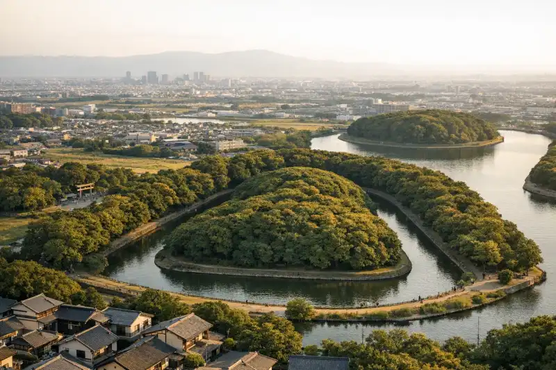 Large green keyhole-shaped burial mound landscape at the Mozu-Furuichi Tumulus Clusters in Osaka Prefecture, Japan
