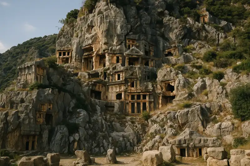 Rock-cut Lycian tombs and Roman theater ruins at Myra in Turkey
