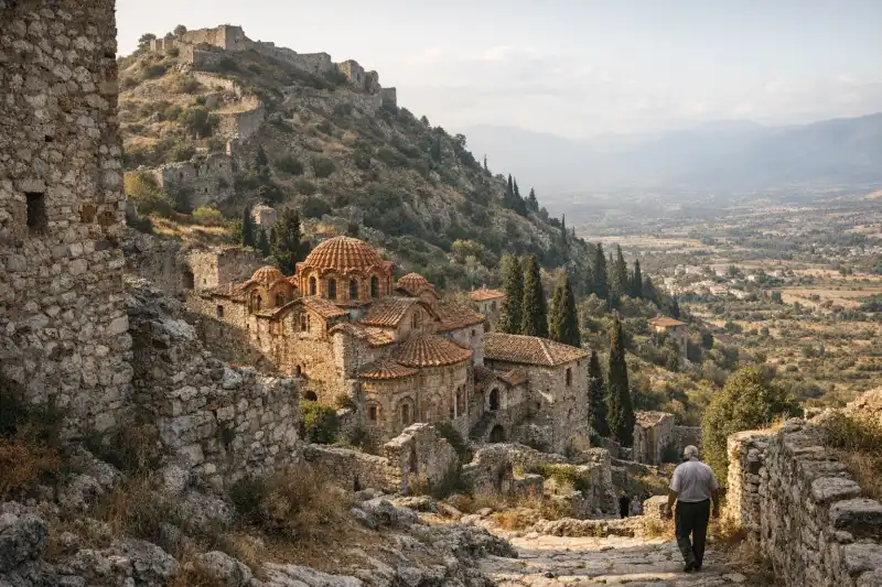 Churches, walls, and hilltop ruins at Mystras above Sparta