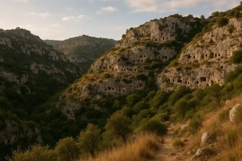 Rock-cut tombs and limestone gorge landscape at the Necropolis of Pantalica
